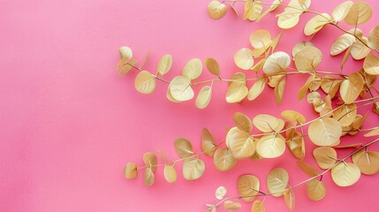 Golden eucalyptus branch on pink background. Top view, copy space for text. Festive, delicate botanical style background