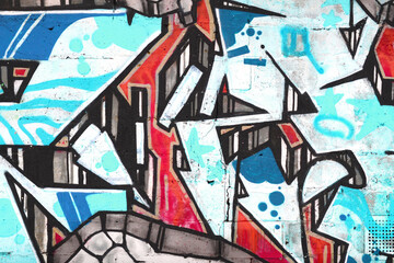 Colorful background of graffiti painting artwork with bright aerosol outlines on wall. Old school...