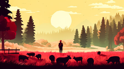 An idyllic illustration depicting a shepherd in a mountain landscape, carefully tending a flock of sheep in a serene countryside.