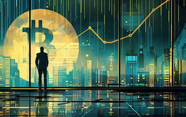 Male trader or businessman looking at digital city with bitcoin instead of moon, Vector abstract illustration. 