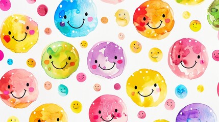 a colorful pattern of smiley faces on a white background