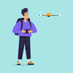 Man launches a drone. Flat illustration