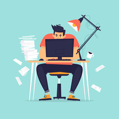Lot of work. Man sitting at the computer. Flat design vector illustration.	