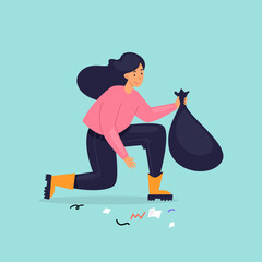 Woman removes trash. Clean planet. Flat illustration