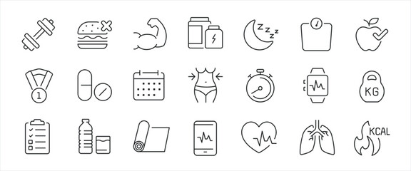 Obraz premium Fitness simple minimal thin line icons. Related gym, healthy life, exercise, activity. Editable stroke. Vector illustration.