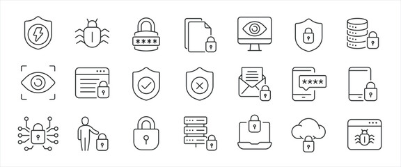 Security simple minimal thin line icons. Related secure, privacy, protection, defense. Editable stroke. Vector illustration. - obrazy, fototapety, plakaty