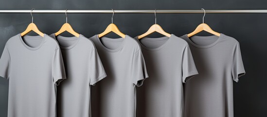 A row of blank t-shirts in various sizes and styles hanging on a clothes rack against a gray background. The shirts are neatly organized and ready for customization or display in a retail setting.
