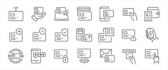 Credit card simple minimal thin line icons. Related atm, payment, cashless, bank. Editable stroke. Vector illustration.