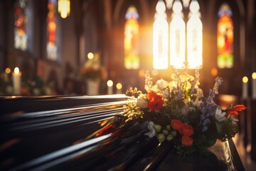 Coffin in a church at funeral with perfect light and flowers.  Generative Ai. - obrazy, fototapety, plakaty