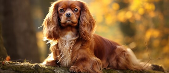 A Blenheim English Toy Spaniel, a happy sweet home pet, is perched on a tree branch, looking alert and curious. The dogs brown and white fur stands out against the green leaves of the tree. - Powered by Adobe