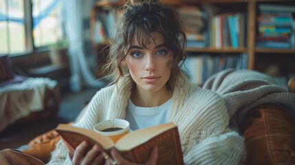 Home Haven: Young Woman Educational Escape with a Book - obrazy, fototapety, plakaty
