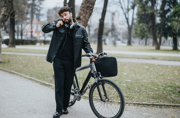 Professional male business entrepreneur using a smart phone while standing with his bike in a city park.