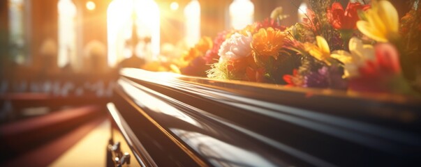 Coffin in a church at funeral with perfect light and flowers, banner. Generative Ai.