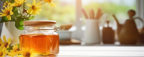 Natural floral golden honey in glass jar on table in light colored kitchen. Background with copy space for bee farm for production of homemade healthy