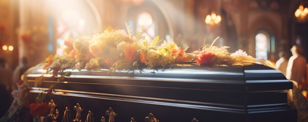 Coffin in a church at funeral with perfect light and flowers, banner. Generative Ai. - obrazy, fototapety, plakaty