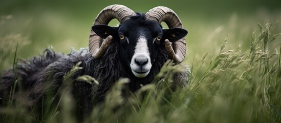 A black faced ram, a domestic sheep, stands majestically in a field of tall grass. The rams...