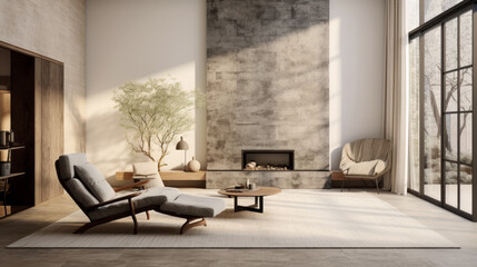 A spacious living room with a textured wall finish, a large rug, and a cozy lounge chair