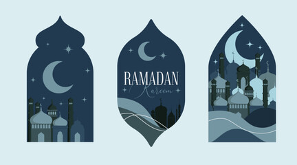 Ramadan Kareem Vector Greeting Card Template. Social Media Banner, Poster Ramadan Layout Crescent Moon, Fanoos, Mosque Dome, and Arches.