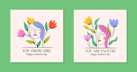 Girly vector illustrations with calm woman faces;stylish print for t shirts;posters;cards and banners with flowers.Feminism quote and woman motivational slogans.Women's day concepts.