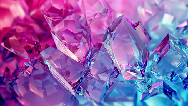 Abstract looped animation, iridescent crystal shapes, glowing, shining and sparkling. Seamless 4K video, live wallpaper, banner. Gemstone pattern, rainbow colors