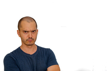 expressive bald man making hand gesture , grumpy