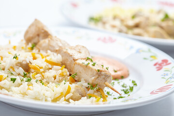 rice with kebab and sauce