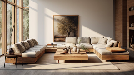 A spacious living room featuring natural materials like wood and leather