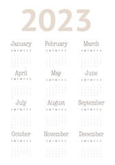 Fototapeta na wymiar Wall calendar for 2023. In a minimalist style and a light brown shade. The week starts on Sunday. The monthly calendar is ready to print and use...
