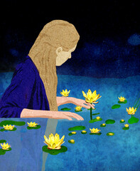 Ilustracja młoda kobieta z długimi włosami brodząca w wodzie wśród roślin wodnych wieczorowa pora. - 750980395