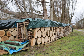 A pile of wood logs covered with plastic tarps - 750980528