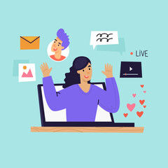 Blogger, Streaming, Girl hosting a podcast. Flat illustration