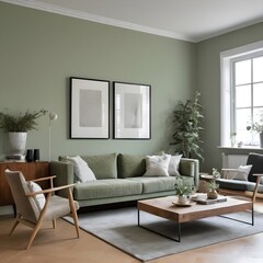 This lovely modern living room has a monochromatic sage-green wall with contemporary wall color and furnishings like a table, chair, and houseplants.
