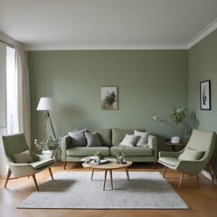 Fototapeta premium This lovely modern living room has a monochromatic sage-green wall with contemporary wall color and furnishings like a table, chair, and houseplants.