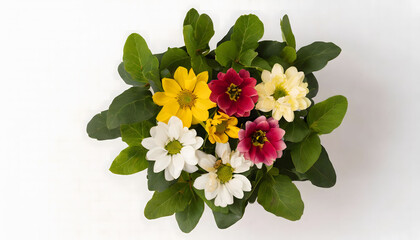 Colorfull spring flowers with green leaves isolated, minimalist