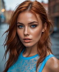 a woman with red hair walking down a street in a blue dress and bracelets on her wrist rainy day