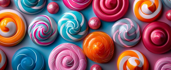 Colorful swirled lollipops and sugar-coated candies on a wavy blue and pink background.
