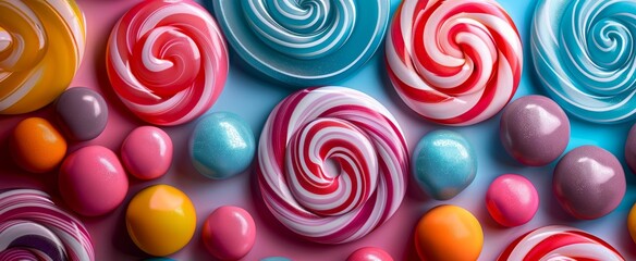 Fototapeta na wymiar Colorful swirled lollipops and sugar-coated candies on a wavy blue and pink background.