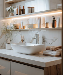 Fototapeta na wymiar Modern bathroom with sink, white marble tones