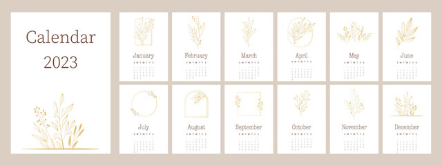 Flat calendar for 2023. Calendar design concept with flowers and leaves and gold. Set from 12 months. Botanical theme... - obrazy, fototapety, plakaty