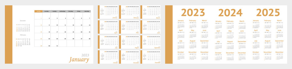 Flat calendar for 2023, 2024, 2025. Diary-planner in a minimalist style. Corporate and business calendar. 2023 calendar in minimal table and mustard event planner, week starts on sunday... - obrazy, fototapety, plakaty