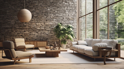 A spacious living room with a stone wall, natural wood furniture, and an array of lush plants for an inviting space