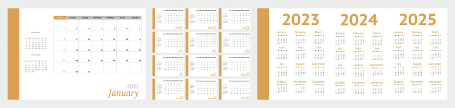 Flat calendar for 2023, 2024, 2025. Diary-planner in a minimalist style. Corporate and business calendar. 2023 calendar in minimal table and mustard event planner, week starts on sunday...