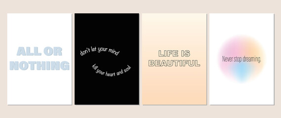 Flat set of posters with inscriptions. Cute posters in a minimalist style with colorful geometric shapes. Modern design of invitations, wallpapers for social media, posters, banners, flyers...