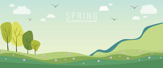 Flat illustration. Rural landscape. Spring season banner. A beautiful view of the field, flowers, trees, mountain, river, clouds and birds. A natural background that will decorate your covers...