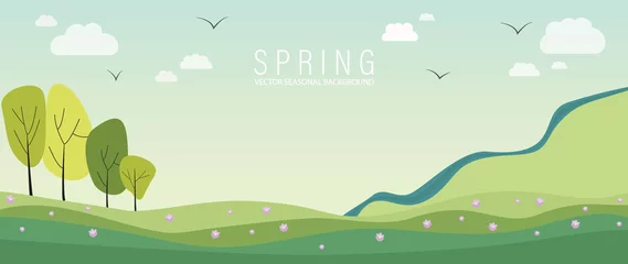 Deurstickers Flat illustration. Rural landscape. Spring season banner. A beautiful view of the field, flowers, trees, mountain, river, clouds and birds. A natural background that will decorate your covers... © TA Sydoruk