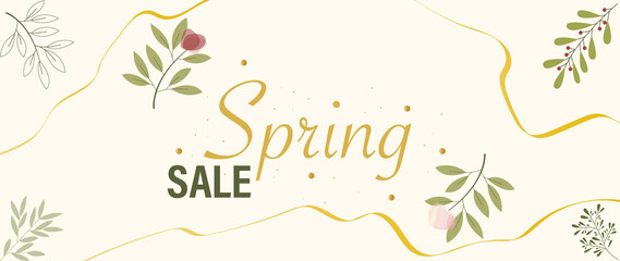 Flat illustration. Logo with the inscription "Spring SALE". Spring season concept with leaves and flowers. Suitable for card, invitation template, banner, poster, background template...