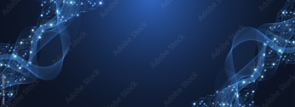 Fototapete Quantum technologies concept. Deep learning artificial intelligence. Circuit board texture background design. Big data algorithms visualization. Neural networks illustration.