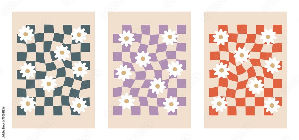 Wall mural flat illustration. set of y2k backgrounds. cool simple geometric posters with flowers. set of checke