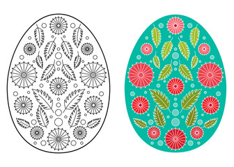 Hand drawn line art Easter eggs. Set with a coloring page and colorful cartoon illustration.