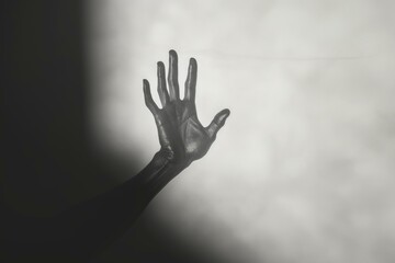 Human shadow hand overlay. Black hand shadow on grey dark background. Generate ai - obrazy, fototapety, plakaty